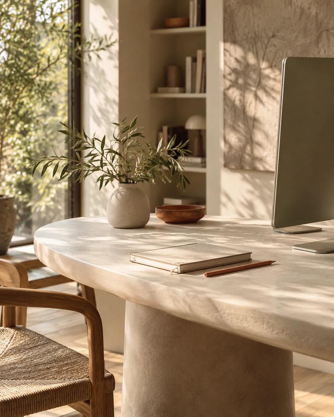 Heller Arbeitsplatz im HNGR.Studio mit Schreibtisch, Pflanzen und Bildschirm.